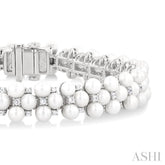 4 MM Interlocked Clover Cultured Pearl and 1 ctw Round Cut Diamond Fashion Bracelet in 14K White Gold
